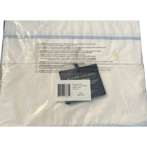Ralph Lauren Palmer Percale Queen Flat Sheet Sky Blue White NWT MSRP $200 - Picture 7 of 8